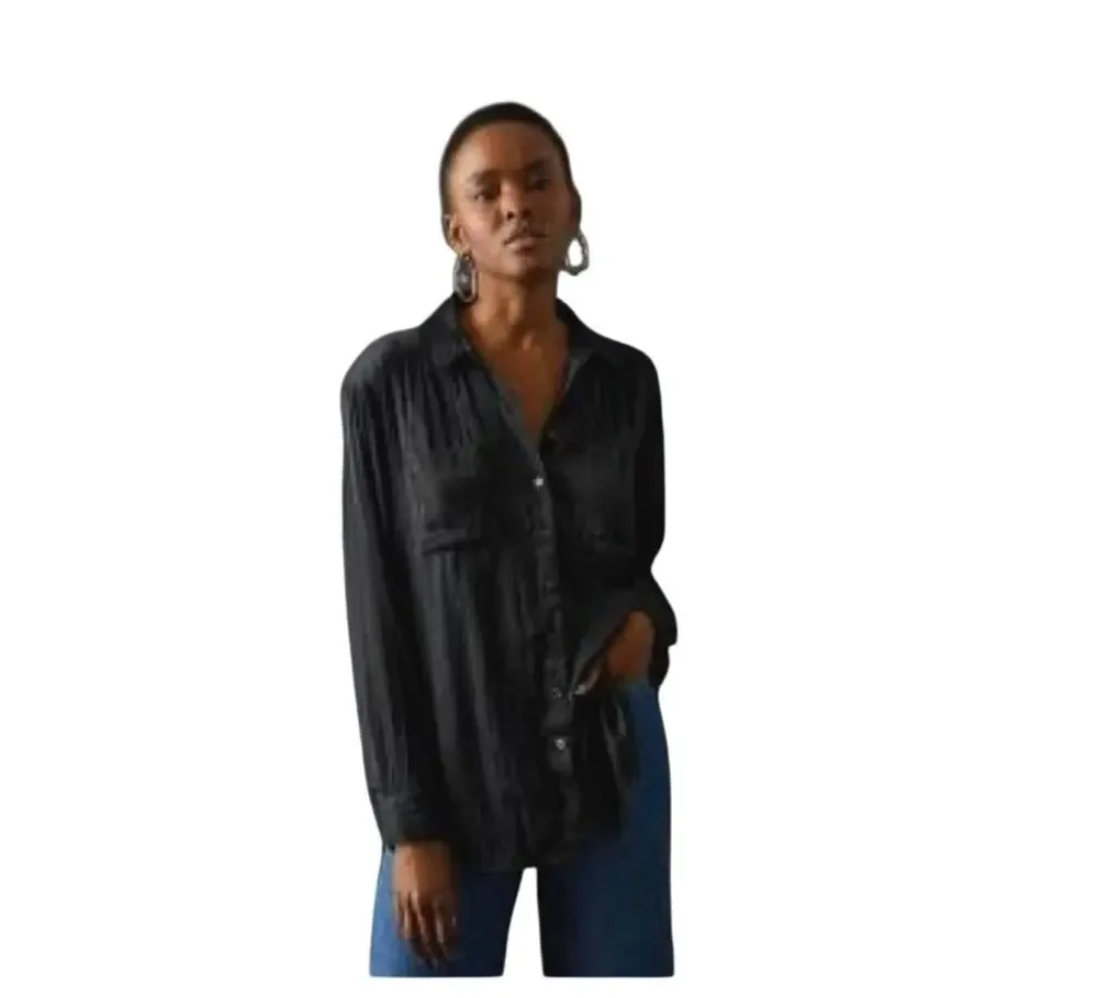 Anthropologie black satin button up blouse long sleeve small boho western ranch